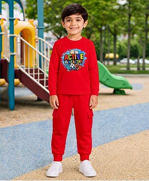Palgrave Cotton Knit Full Sleeves Active Is Healthy Text Printed Tee & Joggers Set - Red