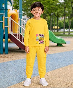 Palgrave Cotton Knit Full Sleeves Dogs Printed Tee & Joggers Set - Yellow