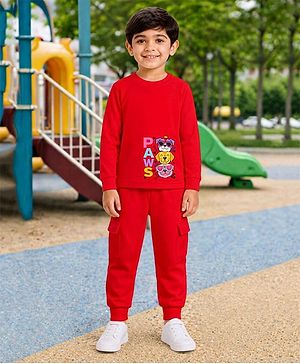 Palgrave Cotton Knit Full Sleeves Dogs Printed Tee & Joggers Set - Red