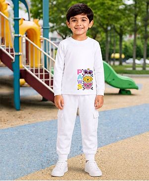 Palgrave Cotton Knit Full Sleeves Dogs Printed Tee & Joggers Set - White