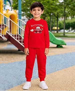 Palgrave Cotton Knit Full Sleeves Car Printed Tee & Joggers Set - Red