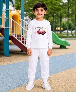 Palgrave Cotton Knit Full Sleeves Car Printed Tee & Joggers Set - White