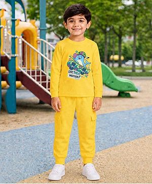 Palgrave Cotton Knit Full Sleeves Surfing Whale Printed Tee & Joggers Set - Yellow