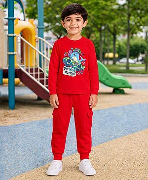 Palgrave Cotton Knit Full Sleeves Surfing Whale Printed Tee & Joggers Set - Red
