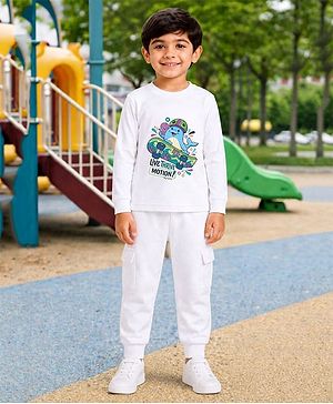 Palgrave Cotton Knit Full Sleeves Surfing Whale Printed Tee & Joggers Set - White