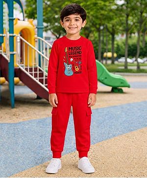 Palgrave Cotton Knit Full Sleeves Electric Guitar Printed Tee & Joggers Set - Red