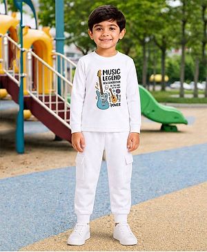 Palgrave Cotton Knit Full Sleeves Electric Guitar Printed Tee & Joggers Set - White