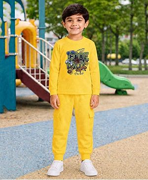 Palgrave Cotton Knit Full Sleeves Cool Boy Text Printed Tee & Joggers Set - Yellow