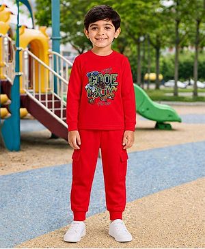 Palgrave Cotton Knit Full Sleeves Cool Boy Text Printed Tee & Joggers Set - Red