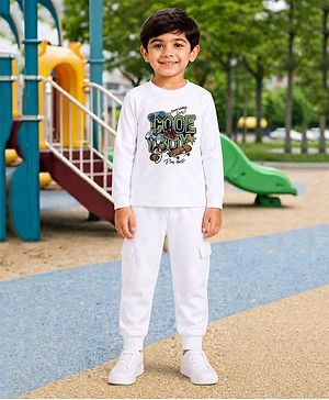 Palgrave Cotton Knit Full Sleeves Cool Boy Text Printed Tee & Joggers Set - White