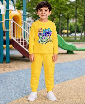 Palgrave Cotton Knit Full Sleeves Controllers Printed Tee & Joggers Set - Yellow