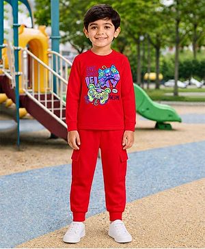 Palgrave Cotton Knit Full Sleeves Controllers Printed Tee & Joggers Set - Red