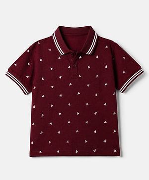Pine Kids Knit Polo T-Shirt with Half Sleeves and Sail Boat Print - Wine