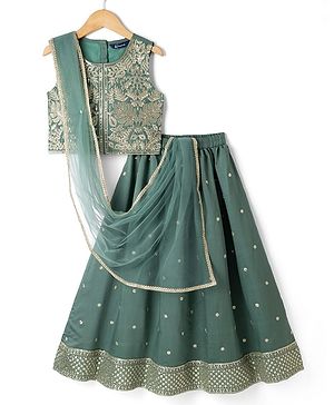 Pine Kids Woven Lehenga Choli and Dupatta with Full Sleeves and Botanical Pattern Embroidery in Olive Green for 4-5 Years