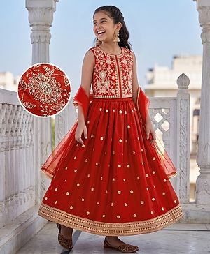 Pine Kids Woven Sleeveless Choli & Lehenga Set With Sequinned Embroidery & Dupatta - Rust Orange