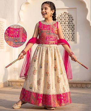 Pine Kids Woven Sleeveless Choli & Lehenga Set With Floral Print & Lace Work & Dupatta - Dark Pink