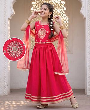 Pine Kids Woven Full Length Lehenga Choli with Dupatta and Mandala Embroidery in Dark Pink