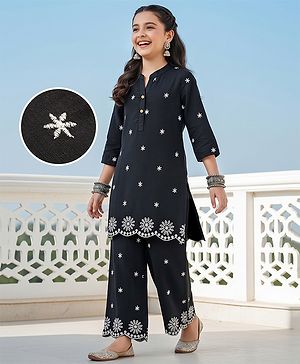 Pine Kids 100% Cotton Woven Three-Fourth Sleeves Kurti and Pant Set with Floral Embroidery in Black
