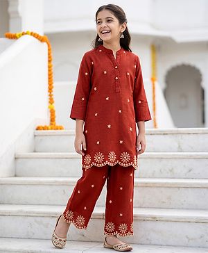 Pine Kids 100% Cotton Woven Three-Fourth Sleeves Indo Western Set With Floral Embroidery - Rust Orange