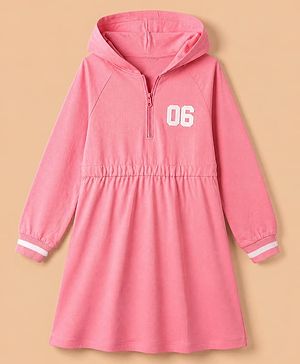 Pine Kids 100% Cotton Knit Winter Frock with Full Sleeves Hood and 06 Print in Pink