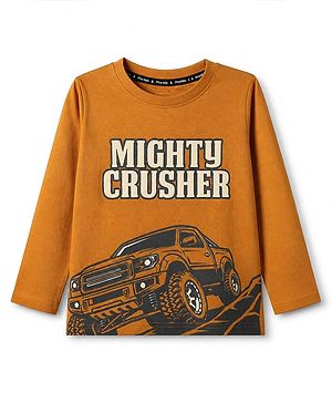 Pine Kids 100% Cotton Knit T-Shirts with Full Sleeves and Mighty Crusher Print in Brown for 4-5 Years
