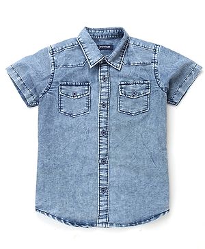 Pine Kids 100% Cotton Denim Shirts with Half Sleeves and Chill Vibes Only Text Print - Sky Blue