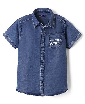 Pine Kids 100% Cotton Woven Denim Shirt with Half Sleeves and Chill Vibes Always Print - Royal Blue