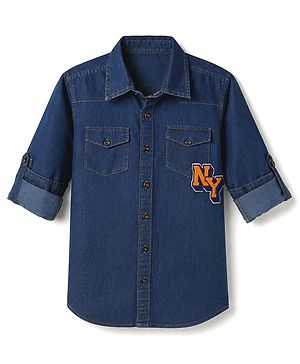 Pine Kids Cotton Woven Full Sleeves Denim Shirt with Ny Applique in Navy Blue
