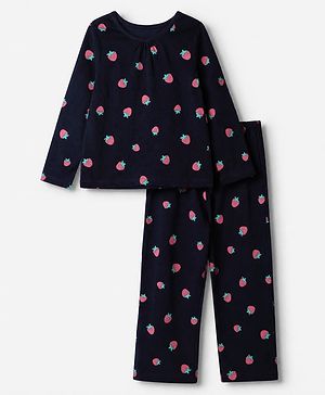 Pine Kids 100% Cotton Knit Bio Washed Single Jersery 180 Gsm Full Sleeves Co-ord Top & Pajama Night Suit with Strawberry Print - Black