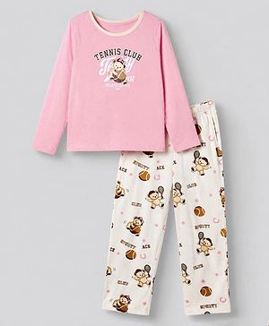 Pine Kids 100% Cotton Knit Full Sleeves T-Shirt & Pyjama Night Suit With Teddy Print & Bio Finish - White & Pink