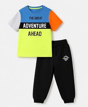 Pine Kids 100% Cotton Knit Half Sleeves T-Shirt and Jogger with Full Length and Adventure Print in Blue