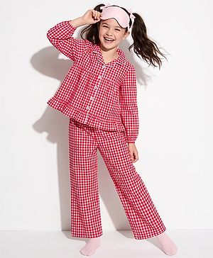 Pine Kids 100 % Cotton Knit Full Sleeves Co-Ord Top And Pyjama Night Suit With Checked Print - Red
