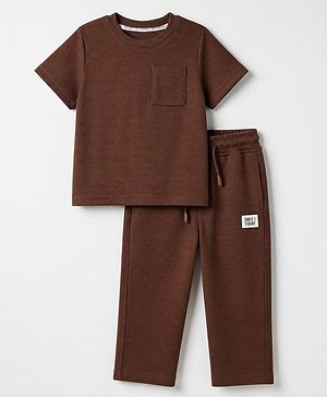 Pine Kids Ottoman Knit Half Sleeves T-Shirt and Pant with Smile Today Patch - Brown