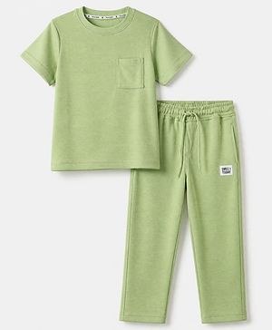 Pine Kids Ottoman Knit Half Sleeves Striped T-Shirt and Pant Set - Green