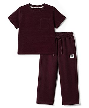 Pine Kids Cotton Ottoman Half Sleeves T-Shirt and Pant with Full Length and Smile Today Patch - Wine