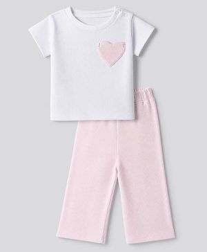 Bonfino 100% Cotton Knit Half Sleeves T-Shirt & Pyjama Night Suit with Heart Applique - White & Light Pink