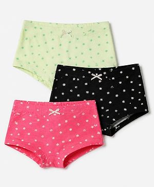 Pine Kids Cotton Elastane Knit Panties With Floral Print Pack of 3 - Green Black & Pink