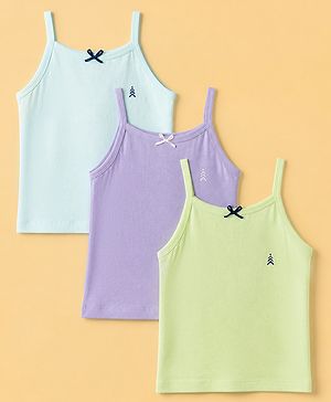 Pine Kids Cotton Lycra Knit Sleeveless Slips With Bow Applique Pack of 3 - Lilac, Blue & Green