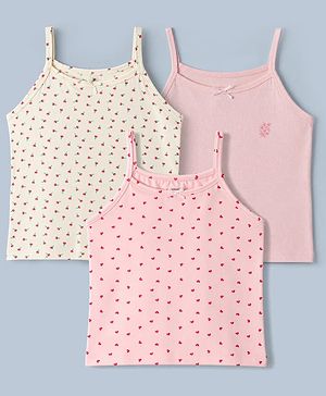 Pine Kids Cotton Lycra Knit Sleeveless Slips with Heart Print Pack of 3 - White & Pink