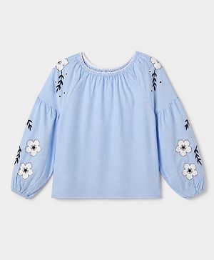 Pine Kids Woven Top with Full Raglan Sleeves and Floral Print in Blue