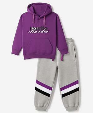 Pine Kids Cotton Fleece Knit Full Sleeves Hooded Winter Sweatshirt and Jogger with Full Length and Hustle Harder Print - Purple & Light Grey