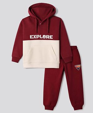 Pine Kids Fleece Knit Full Sleeves Hooded Winter Wear Suit With Text Print - Red