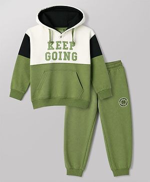 Pine Kids Fleece Knit Full Sleeves Hooded Winter Wear Suit With Text Print - Green