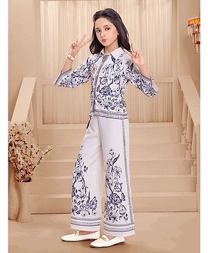 Ministitch Cotton Woven Three Fourth Sleeves Floral Printed Shirt Style Top & Pants Set - Blue