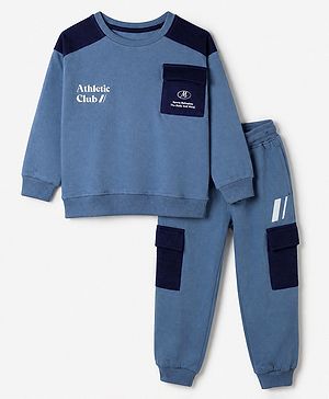 Pine Kids Fleece Full Sleeves Winter Wear Suits with Athletic Club Print in Blue