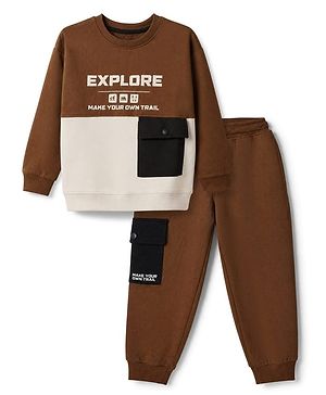 Pine Kids Fleece Knit Full Sleeves Winter Wear Suit With Text Print - Brown