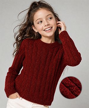 Pine Kids Cotton Blend Knit Pullovers with Full Sleeves & Cable Knit Design - Red