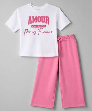 Pine Kids 100% Cotton Knit Half Sleeves Top and Pant Set with Text Print in White
