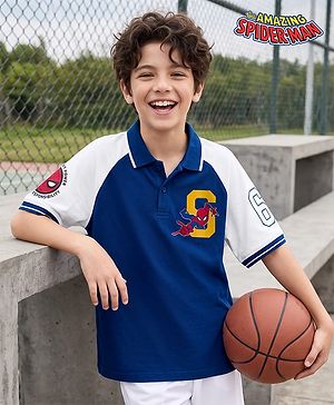 Pine Kids Marvel 100% Cotton Single Jersey Half Sleeves Cut And Sew Polo T-Shirts With Spider Man Graphic - Navy Blue