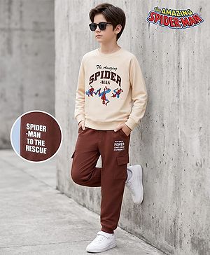Pine Kids Marvel 100% Cotton Fleece Knit Sweatshirt and Joggers Set with Spider-Man Graphic - Beige & Brown
